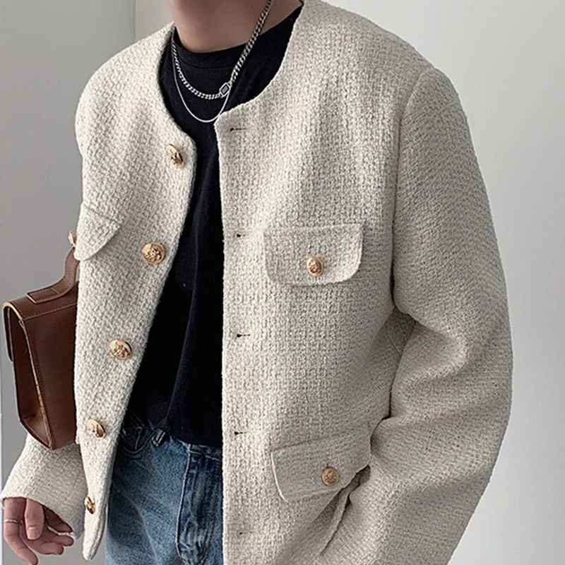 Threebooy Korean Style Fashionable Tweed Round Neck Jacket Men Japanese Trendy High-end Single-breasted Short Jacket with Temperament
