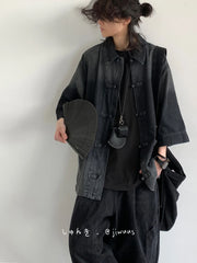 Threebooy New Summer New Chinese Style Old Denim Short-sleeved Shirt Korean Style Men Women Loose Retro Button-up Shirt Jacket Aesthetic