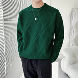 Threebooy  Men Round Collar Sweater Autumn Winter Warm Casual Slim Fit Pullovers Homme Thickened Plaid Jacquard Sweater