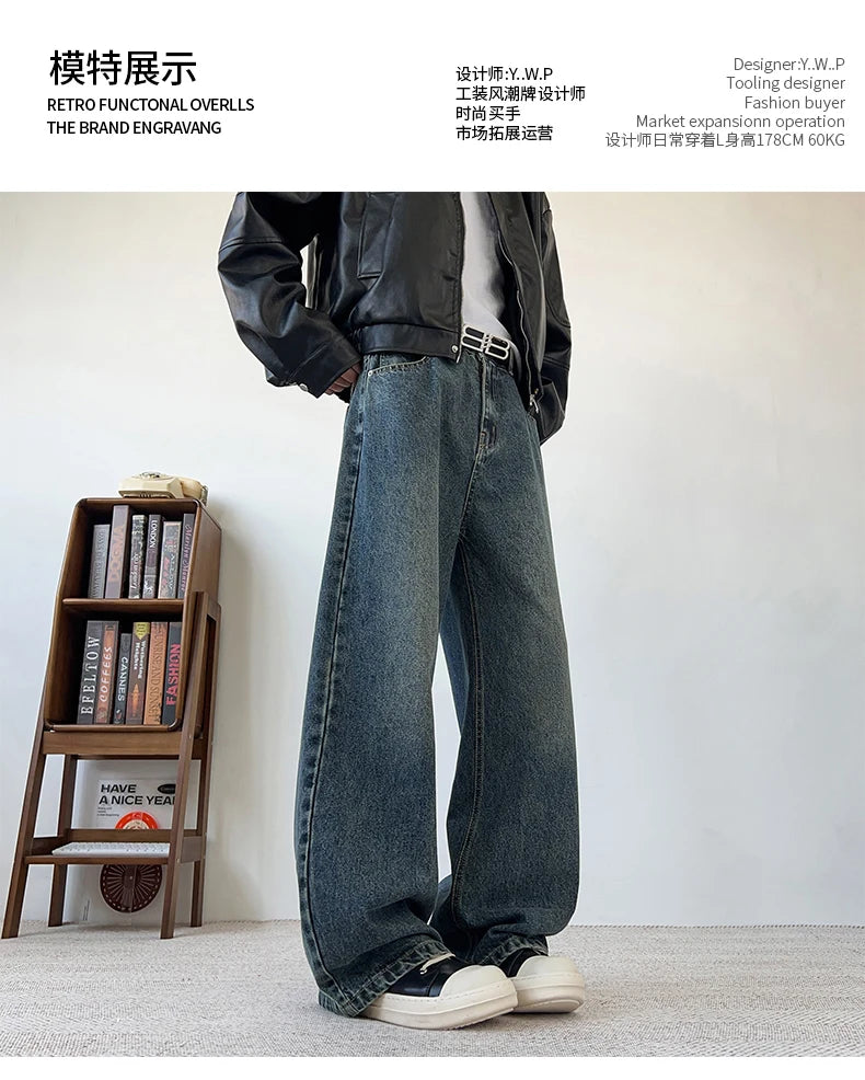 Threebooy Men's Wide Leg Curved-Knife Jeans Summer American Bamboo Pattern Striped Texture Design Men Trendy Denim Pants 2025 Baggy Jeans