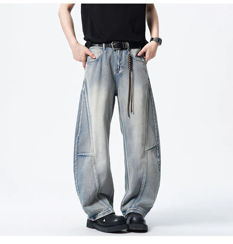 Threebooy Mens Loose Fit Patchwork Wide Leg Washed Jeans Vintage Denim Pants Casual Streetwear Comfort Trendy Baggy Trousers Hip Hop
