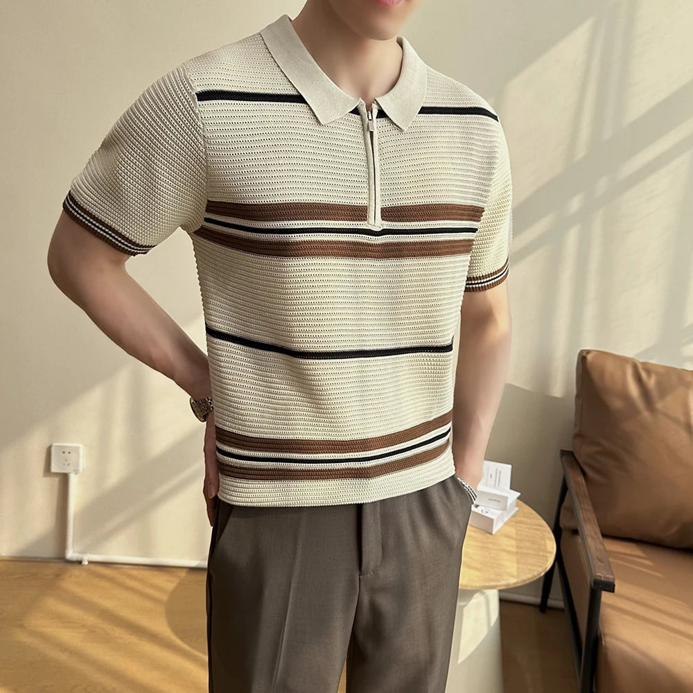 Threebooy  Summer Knitted Striped Polo Shirts Men Half Zip Short Sleeved Lapel T-shirt Slim Fit Business Casual Formal Social Polos