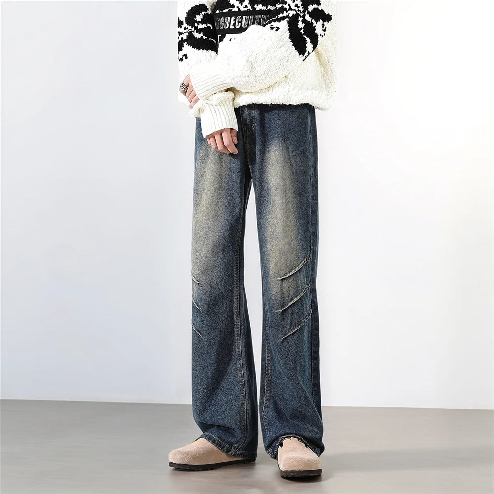 Threebooy  Straight Washed Jeans mens Crinkle Design Denim Pants Wholesale Trendy Fashion Casual Trousers Men Women Streetwear Style