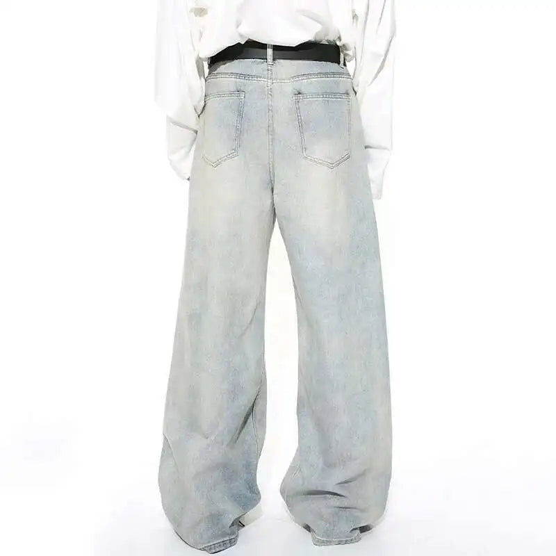 Threebooy  Washed Male Jeans Korean Fashion Worn Out Gradient Color Men's Denim Straight Pants Men Wide Leg Trousers Spring New