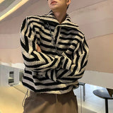 Threebooy Autumn And Winter Striped Color-Blocked Sweater Lazy Style Short Lapel Sweatshirt Unisex Loose Casual Long-Sleeved Top
