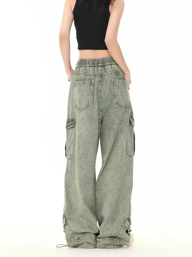 Threebooy Hip hop retro high street men and women trendy personalized washed workwear jeans for couples loose straight leg casual pants