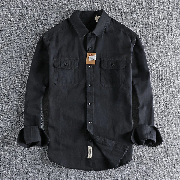 Threebooy  British Style Retro Long Sleeve Shirt Coat Men Spring  Autumn Twill Cotton Versatile Solid Color Male Cargo Work Shirts