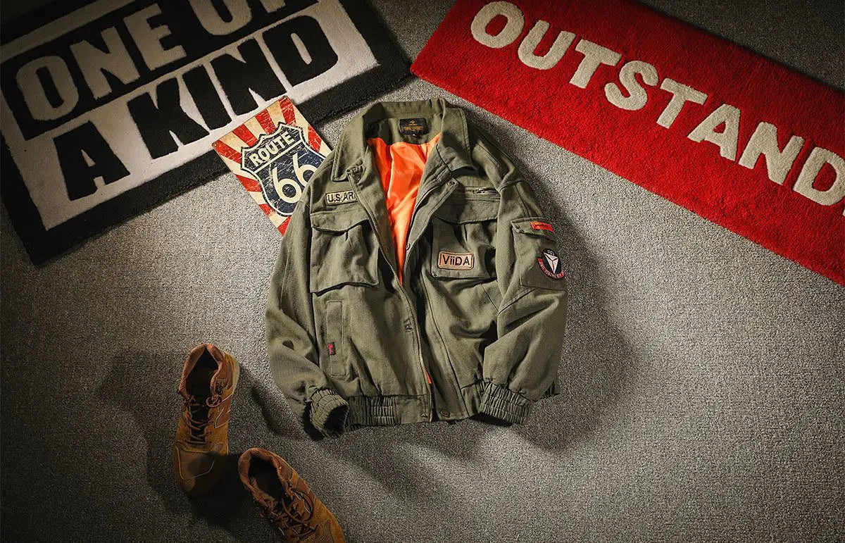 Threebooy Jacket Men's Spring Autumn Tooling Multi-Pocket Casual Zipper Buttons Turndown Collar Loose Air Force Pilot Jackets Coat