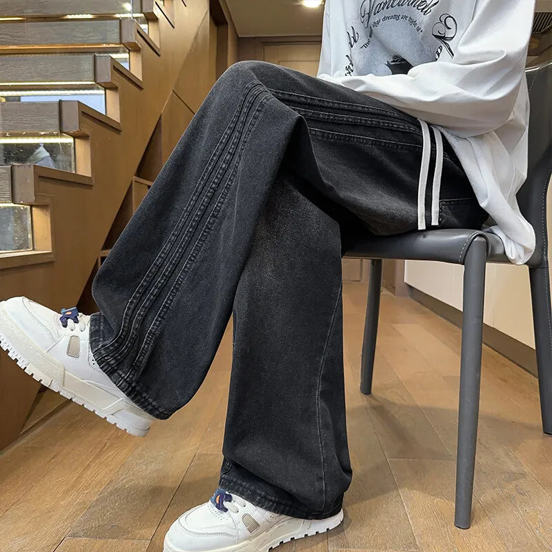 Threebooy Jeans Men Denim Pants Elastic waist pull rope Straight Droop Vintage Loose Bottom Straight Wide Leg Casual Male Trouser