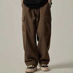 Threebooy Men's Sweatpants 2025 Spring Autumn Vintage Japanese Wide Leg Straight Loose Button Big Pockets Cargo Pants Drawstring Trousers
