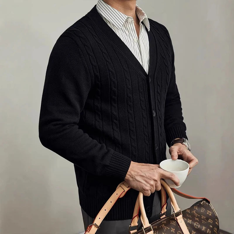 Threebooy New Men Luxury Knitted Cardigan Jacket Fashion V Neck Button Sweater Long Sleeve Streetwear Leisure Premium Coat Autumn Knitwear