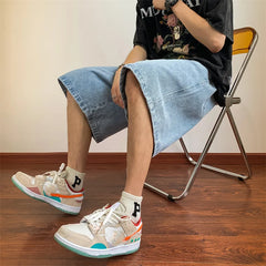 Threebooy Summer Denim Shorts for Men Korean Harajuku Retro All-Match Baggy Straight Bottoms Wide-Leg High Street Five-Point Jeans Pants