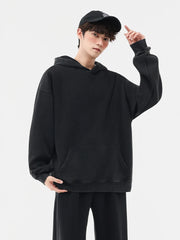 Threebooy Men's Washed Hoodies 330GSM Cotton Polyester Knit Pullover Oversized Tops Loose Fit Y2K Street Faded Hoody Sweatshirts
