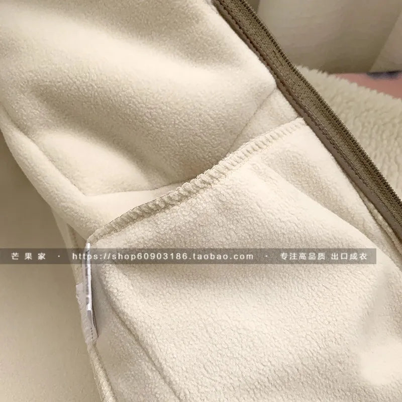 Threebooy Autumn Winter Lambswool Coat Male Loose Windproof Warm Sherpa Stand Collar Polar Fleece Jacket Unisex Simple  Pocket Spliced Top