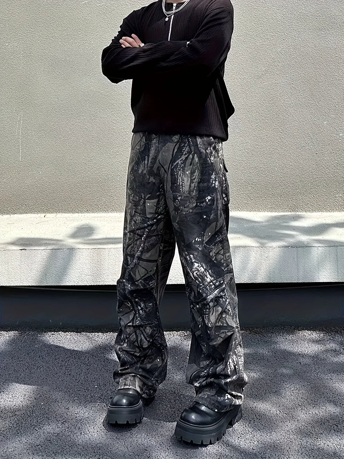 Threebooy  American Retro Washed Branch Camouflage Pleated Work Pants Men's Straight Loose Outdoor Casual Trousers