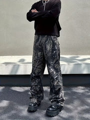 Threebooy  American Retro Washed Branch Camouflage Pleated Work Pants Men's Straight Loose Outdoor Casual Trousers