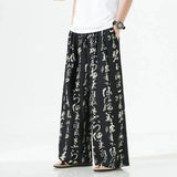 Threebooy Men Chinese Style Printed Characters Wide Leg Pants Summer Fashion Sports Baggy Tide Trousers Darkwear Letter Streetwear Unisex