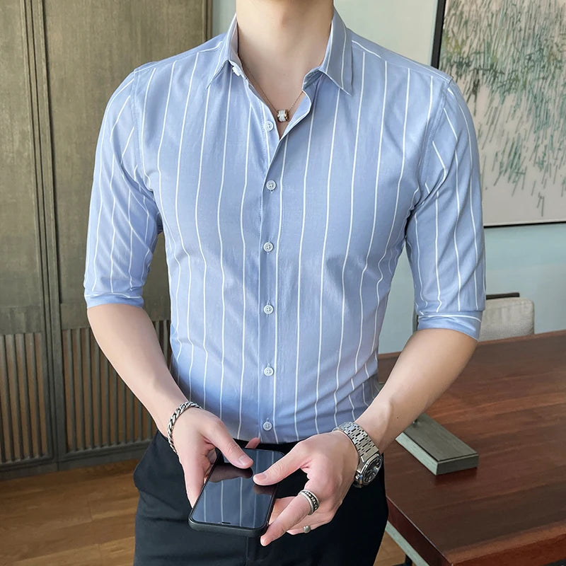 Threebooy  Summer New Slim Fit 3/4 Sleeve Men Striped Shirt Korean Fashion Button Up Harajuku Blouse
