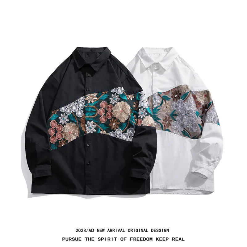 Threebooy Long Sleeved Shirt Men Fashion Retro Flower Shirt Mens Japanese Streetwear Hip-hop Loose Embroidered Shirt Men Large Size 5XL