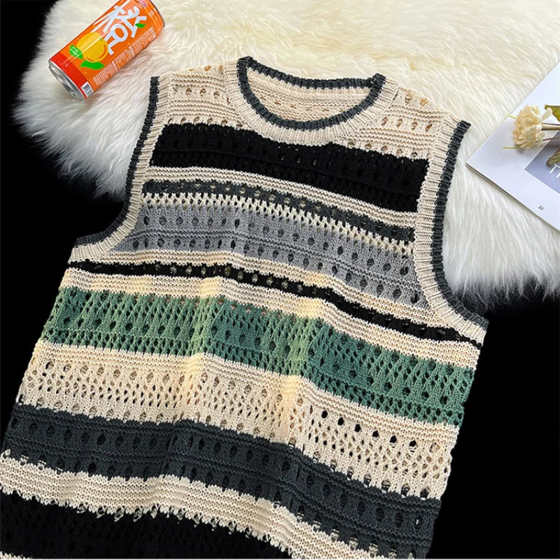 Threebooy Contrast Striped Hollowed Out Knit Tank Top Men's Oversize Summer Japanese Outerwear Layered Bf Couple Knitwear Sleeveless Top