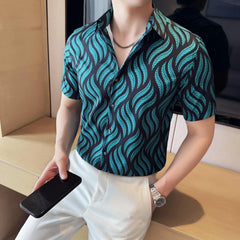 Threebooy  Summer New Print Shirts Mens Half Sleeve Retro Casual Shirts Fashion Versatiles Business Slim Social Party Tuxedo Blouse