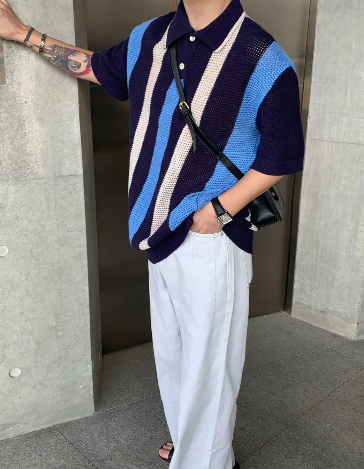 Threebooy Summer Hip Hop Men and Women Trendy Personalized Hollow Stripe Color blocked Knitted Polo Shirt Korean Casual Short Sleeve y2k