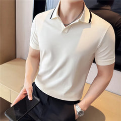 Threebooy  High Quality Elastic V-neck Polo Shirt for Men Lapel Short Sleeved Casual Business T-shirt Ice Silk Cool Sunscreen T-shirt
