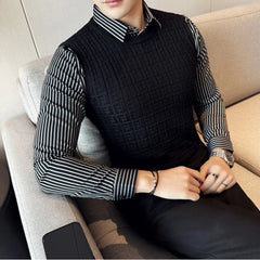 Threebooy  Clothing Men Autumn Winter High Quality Knit Sweaters/Man Fashion Plaid Fake 2 Pieces Shirt Collar Pullover Sweater Vest