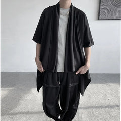 Threebooy Summer Japanese Darkness shirt Man Cardigan Harajuku Woman Black Coat Cloak Beach Shirt Obi Streetwear Loose Thin Outer
