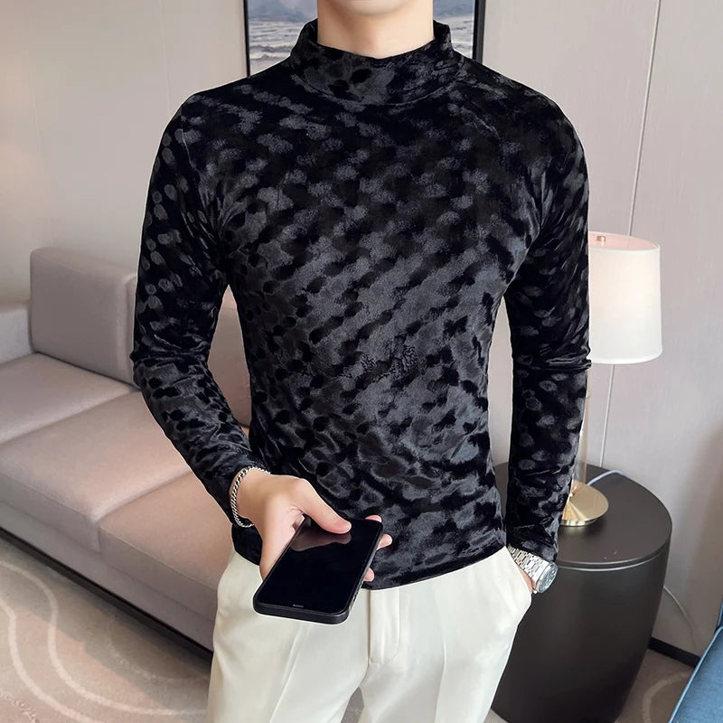 Threebooy New Style Men's Spring High Quality Casual Long Sleeve T-shirt/Male Slim Fit High Collar Pullover Leisure T-shirt Plus Size S-3XL