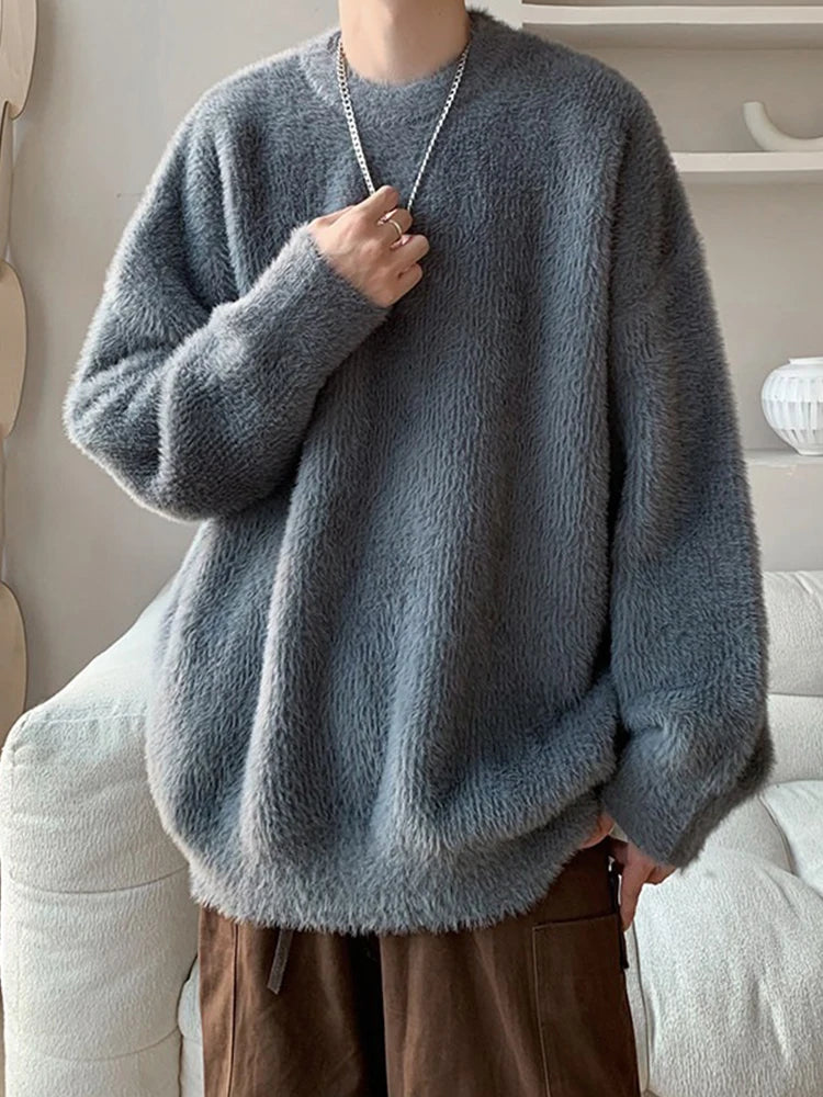 Threebooy  Autumn Solid Fluffy Warm Knitted Sweaters For Man New High Street Fashion Loose Pullovers New Y2K Vintage Knitwear Jumpers