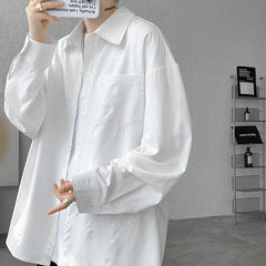 Threebooy Casual Shirt for Men Ice Silk Bamboo Leaf Long Sleeve Shirt Harajuku Top Quality Loose Drape Black White Japanese Streetwear