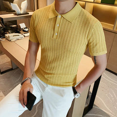 Threebooy  British Style POLO Shirts Men Knitting Short Sleeve Shirts Solid Color Lapel Business Casual Top Summer Social Clothing 3XL