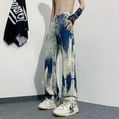 Threebooy Street Trendy Asymmetric Tie Die Gradient Design Sense High End Slim Narrow Edition Jeans Zipper Button Pockets Straight Pants