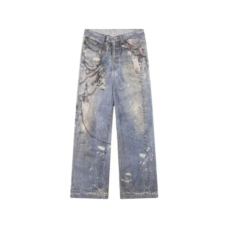 Threebooy  New Men's 3D Chain Printed Baggy Jeans Autumn Casual Baggy Straight Denim Pants Women High Street Blue Wide-leg Y2K Jean