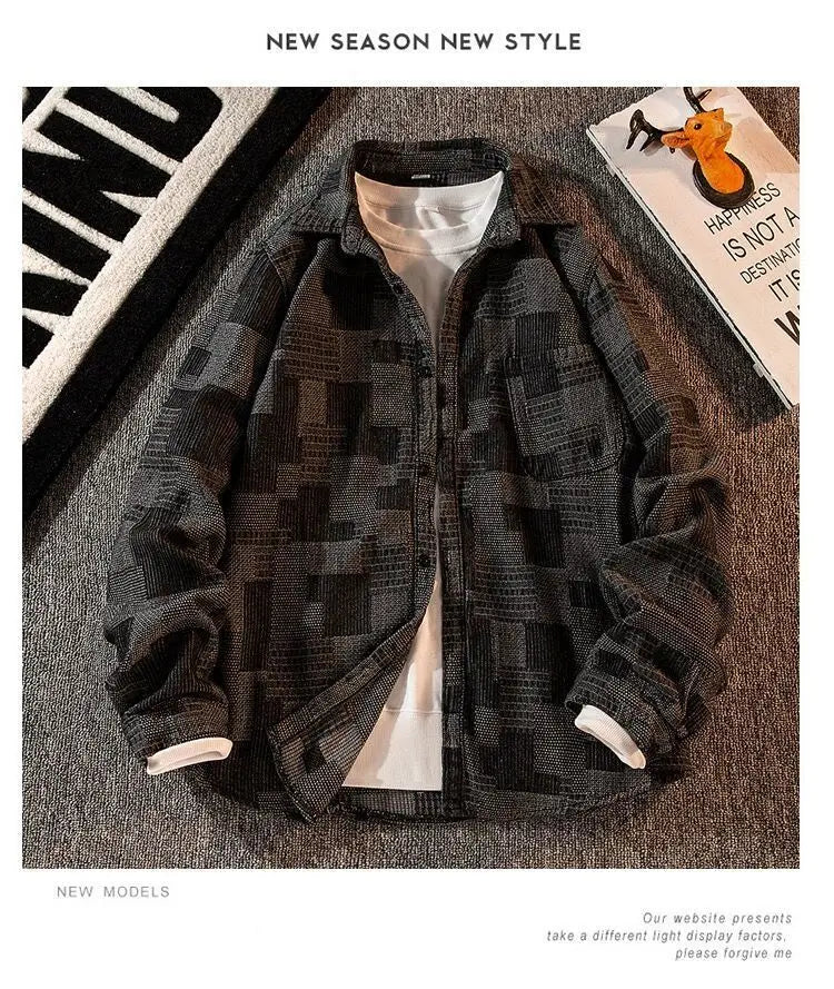 Threebooy Plaid Shirt Men's High-end Fashion Top Hong Kong Style Long-sleeved Loose Handsome Trendy Retro Shirt Casual Jacket Aesthetic