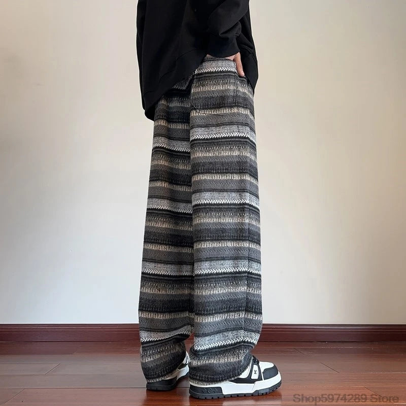 Threebooy Wide Leg Pants Men Women Autumn Winter Fashion Casual Straight Pants Loose Mopping Pants Harajuku Vintage Striped Black/Coffee