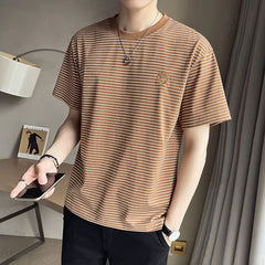 Threebooy Summer Men's Stripe Printing Short Sleeve T-shirt Youth Round Neck Tshirt White/black/Apricot Color Casual T Shirts M-2XL