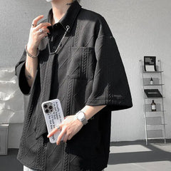Threebooy White Texture Short-sleeved Shirts Men Korean Chic All-match Blouses Casual Loose Single Breasted Black Shirt with Tie