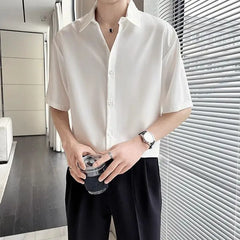 Threebooy  Summer Ice Silk Shirt Men's Short-sleeved Trendy Brand Men's Casual High-end Sense Handsome Five-point Sleeve White Shirt