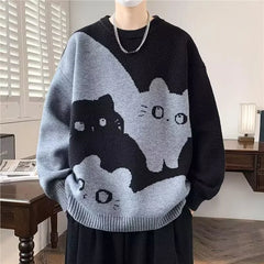 Threebooy  Winter Men's Anime Cat Jacquard Crewneck Knitted Sweaters Hip Hop Fashion Graphic Printed Y2K Jumpers Streetwear Knit Pullovers