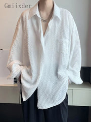 Threebooy Long-sleeved Shirt Men's Summer Trend White Button Up Blouse Men Hong Kong Style Handsome Jacket Wave Texture Niche Top
