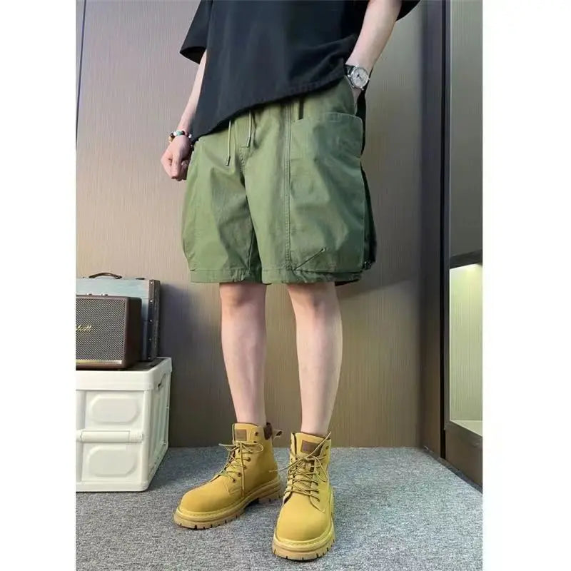 Threebooy Summer Men's Work Shorts Casual Versatile Loose Breathable Five-point Pants American Straight-leg Retro Simple Solid Color Pants