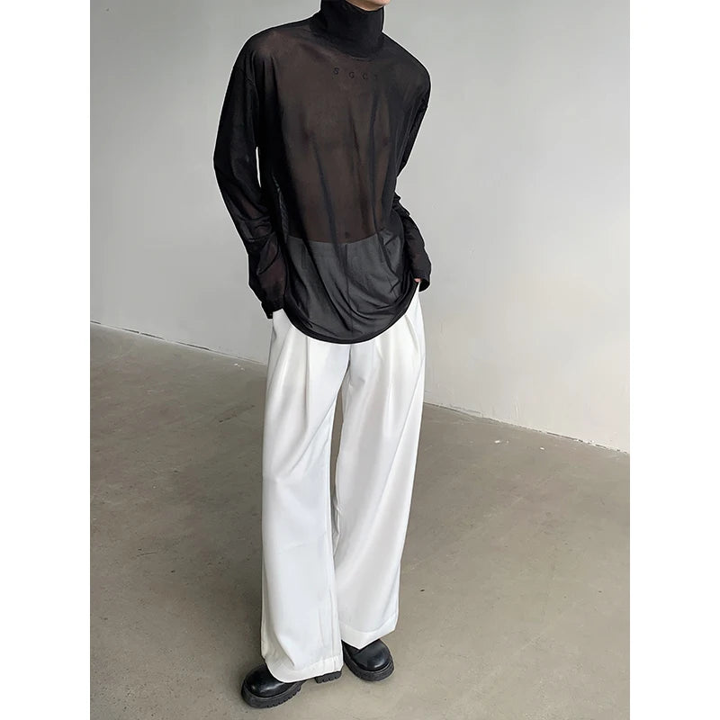 Threebooy Sexy Perspective High-neck Long Sleeve T Shirt Men Women Net Yarn Bottoming Shirt Spring Summer Transparent Black Tee Shirts