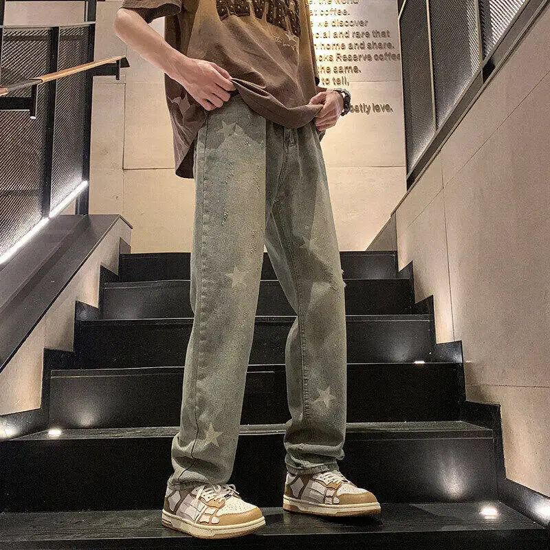 Threebooy  Straight Leg Plus Size Jeans men Vintage Wash Distressed Ripped Star Print Fashion Casual High Quality Trousers Men Retro Style
