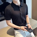 Threebooy New Trend Summer Men's Solid Color Simple Short-sleeved Polo Shirt British Slim Lapel Knitted Casual Slim Fit V-neck Polo Shirt