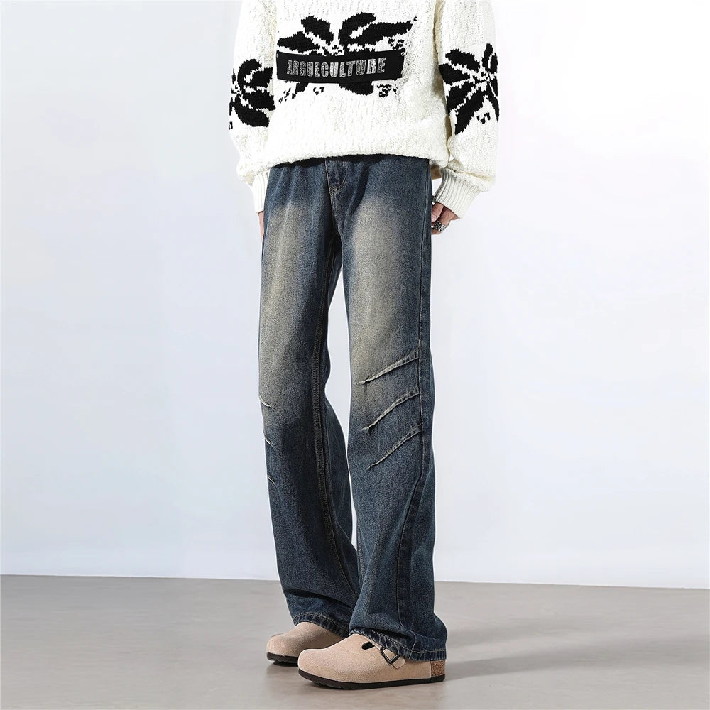 Threebooy  Straight Washed Jeans mens Crinkle Design Denim Pants Wholesale Trendy Fashion Casual Trousers Men Women Streetwear Style