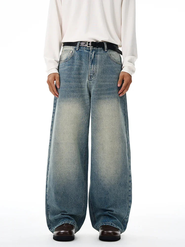 Threebooy 2025 Autumn Men's Wide-leg Jeans Comfortable Loose Casual Straight Trousers American Classic Retro Wash Cotton Denim Pants