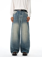Threebooy 2025 Autumn Men's Wide-leg Jeans Comfortable Loose Casual Straight Trousers American Classic Retro Wash Cotton Denim Pants