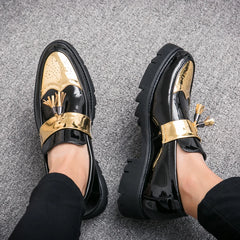 Threebooy  Luxury Shoes Men's Patent Leather Shoes High-end Gold Patch Work Men's Height Increasing Shoes Banquet Dress Loafers Size：37-45